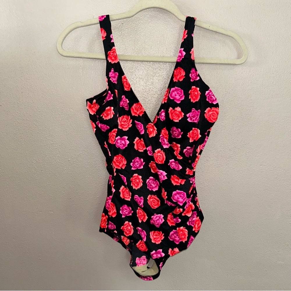 Miraclesuit Black One-Piece Swimsuit with Red & Pink Rose Print